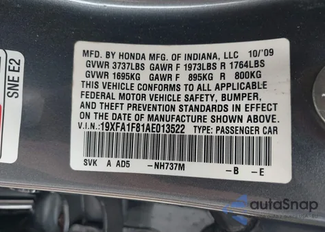2010 Honda Civic Ex from USA, damaged, VIN 19XFA1F81AE013522